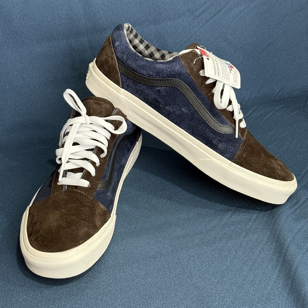 Vans Old Skool Mens 11 Pig Suede Plaid Brown Navy Blue Water Repellent 751505 - Picture 5 of 9